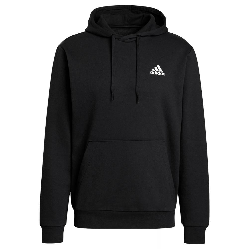 Black Adidas hoodie with a kangaroo pocket and drawstring hood, featuring the Adidas logo on the chest.
