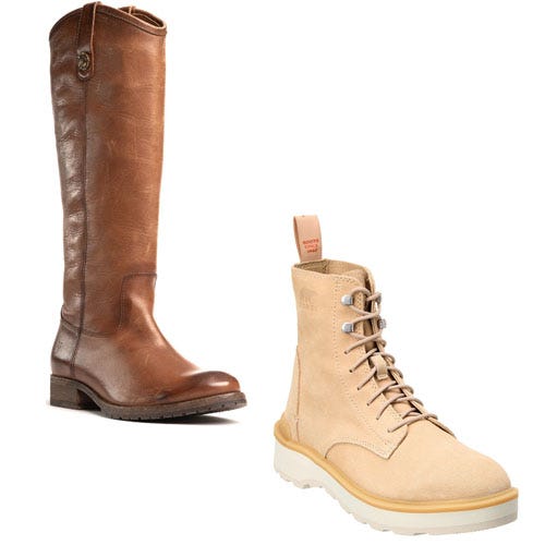 Two different styles of boots: one is a brown knee-high boot and the other is a beige ankle boot with lace-up fastening.