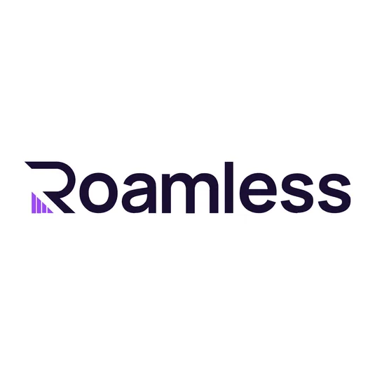 Roamless logo with stylized text and a purple accent.