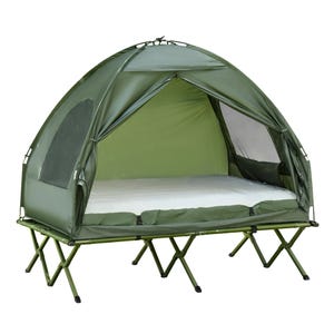 A green 2-person camping cot tent with an elevated frame and mesh windows for ventilation, featuring a dome-shaped canopy for protection.