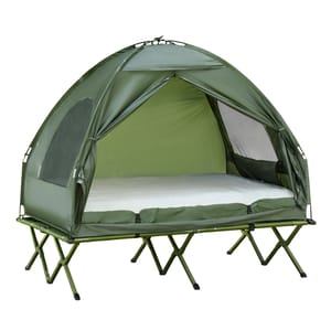 A green 2-person camping cot tent with an elevated frame and mesh windows for ventilation, featuring a dome-shaped canopy for protection.
