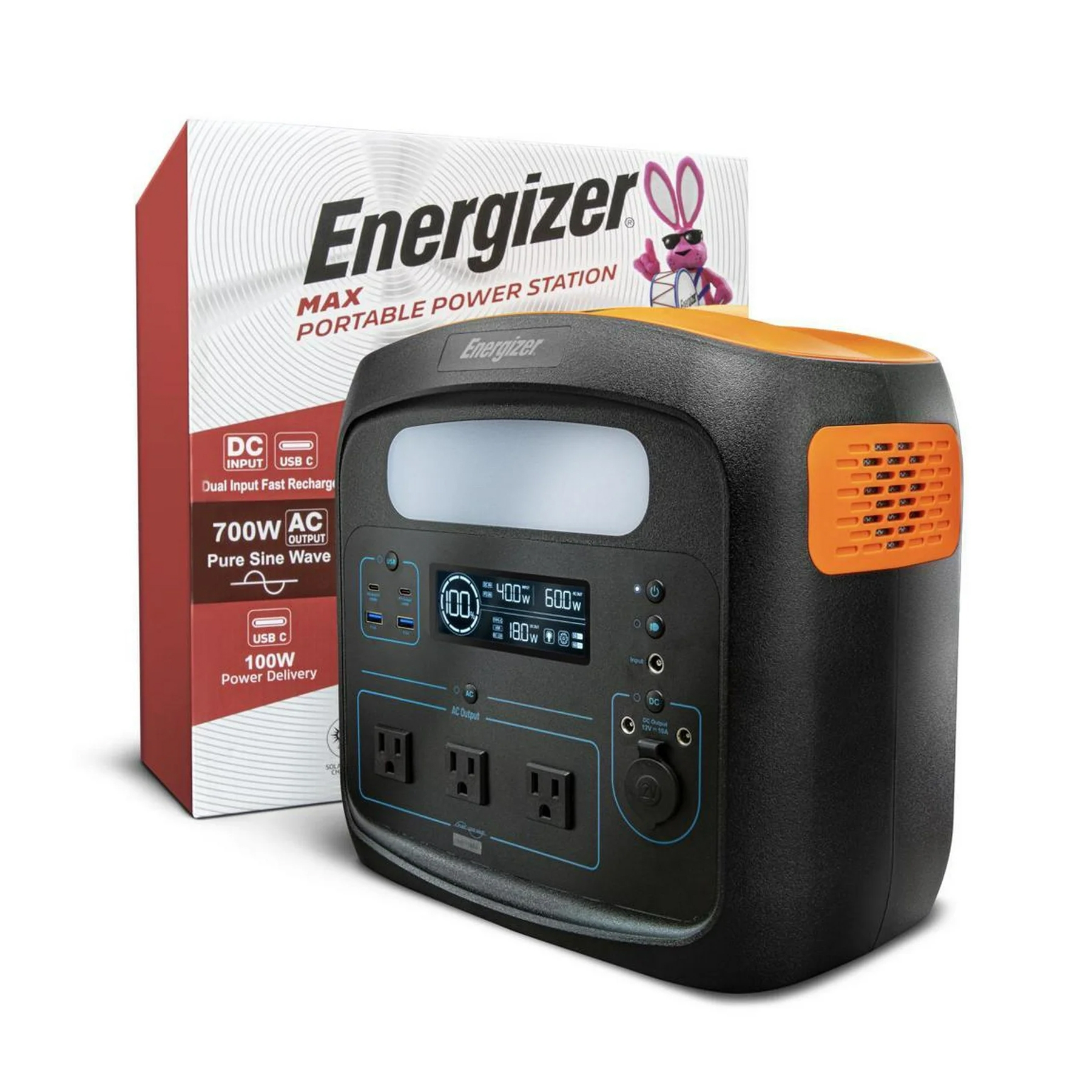 Energizer Max Portable Power Station with 700W AC output, pure sine wave, dual input fast recharge, USB-C, two AC outlets, and LED display for power monitoring. Suitable for charging various devices with 100W power delivery.