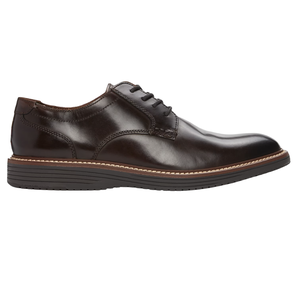 Dark brown leather dress shoe with a lace-up design and contrast stitching around the sole. Features a black textured rubber outsole for added grip.