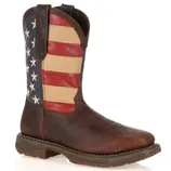 Brown leather cowboy boot featuring an American flag design on the shaft with stars and stripes.