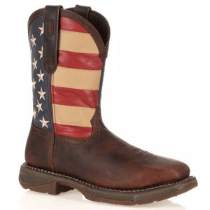 Brown leather cowboy boot featuring an American flag design on the shaft with stars and stripes.