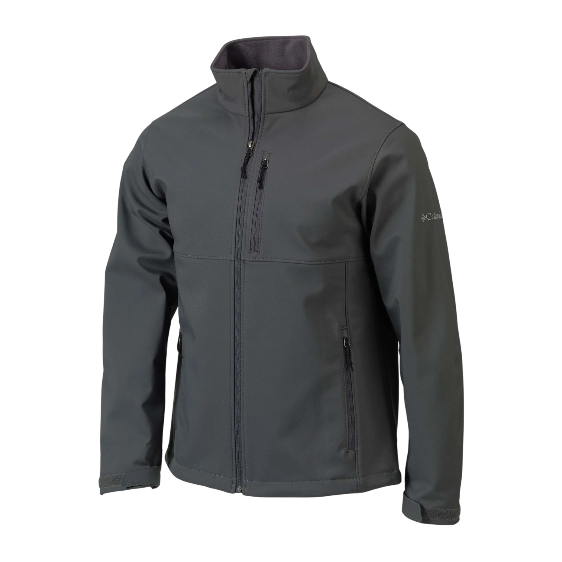 A dark gray soft-shell jacket with a high collar, zippered front, chest pocket, and side pockets, featuring subtle branding on the sleeve.
