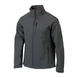 A dark gray soft-shell jacket with a high collar, zippered front, chest pocket, and side pockets, featuring subtle branding on the sleeve.