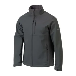A dark gray soft-shell jacket with a high collar, zippered front, chest pocket, and side pockets, featuring subtle branding on the sleeve.