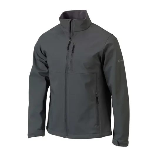 A dark gray soft-shell jacket with a high collar, zippered front, chest pocket, and side pockets, featuring subtle branding on the sleeve.