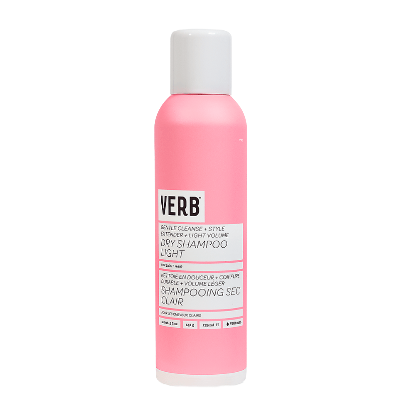 Verb Dry Shampoo Light is a pink spray can offering a gentle cleanse, style extension, and light volume for light hair. Contains 5 oz (141 g).