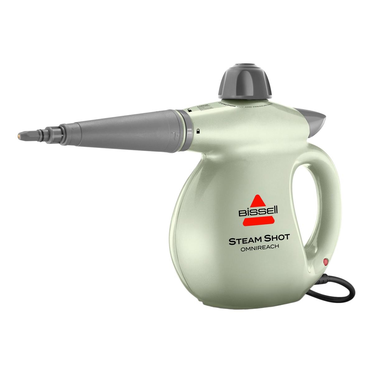 Bissell Steam Shot OmniReach handheld steam cleaner in a light green color with a long nozzle attachment for targeted cleaning.