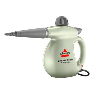 Bissell Steam Shot OmniReach handheld steam cleaner in a light green color with a long nozzle attachment for targeted cleaning.