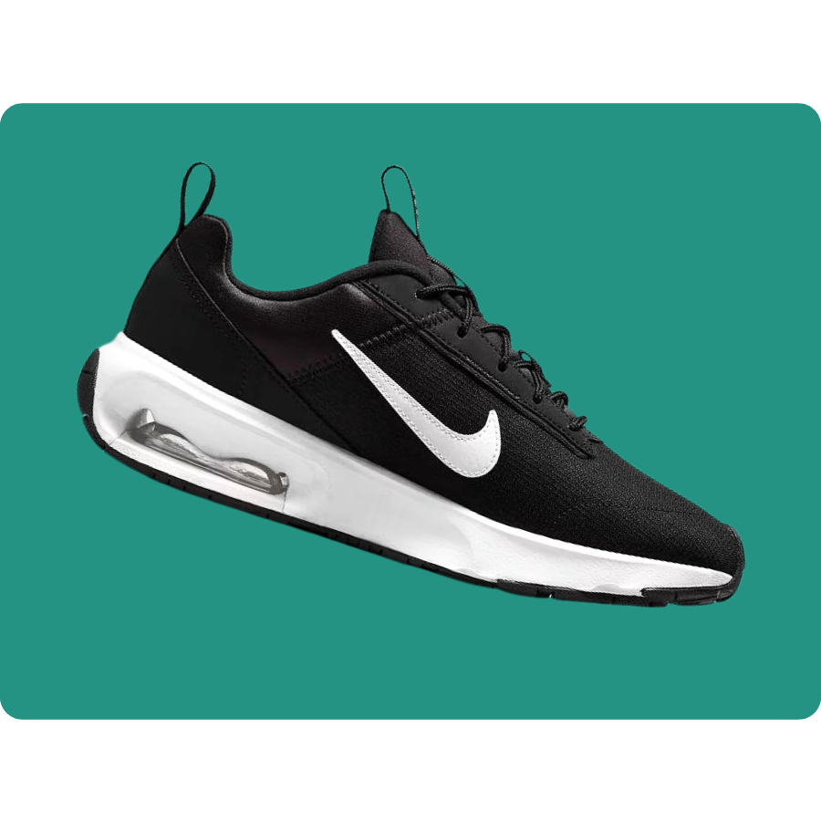 Black Nike sneaker with white Swoosh, featuring a visible air unit in the sole and pull tabs on the heel and tongue.