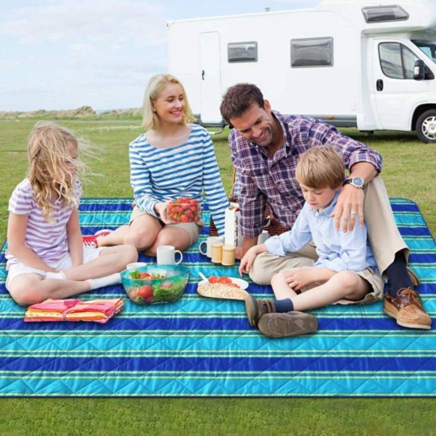A family is enjoying a picnic with a blanket, salad bowl, fruits, and drinks, near a parked caravan.