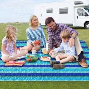 A family is enjoying a picnic with a blanket, salad bowl, fruits, and drinks, near a parked caravan.