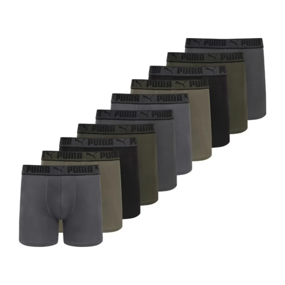 A set of 10 Puma boxer briefs in assorted shades of gray, black, and olive, each featuring a black waistband with the Puma logo.