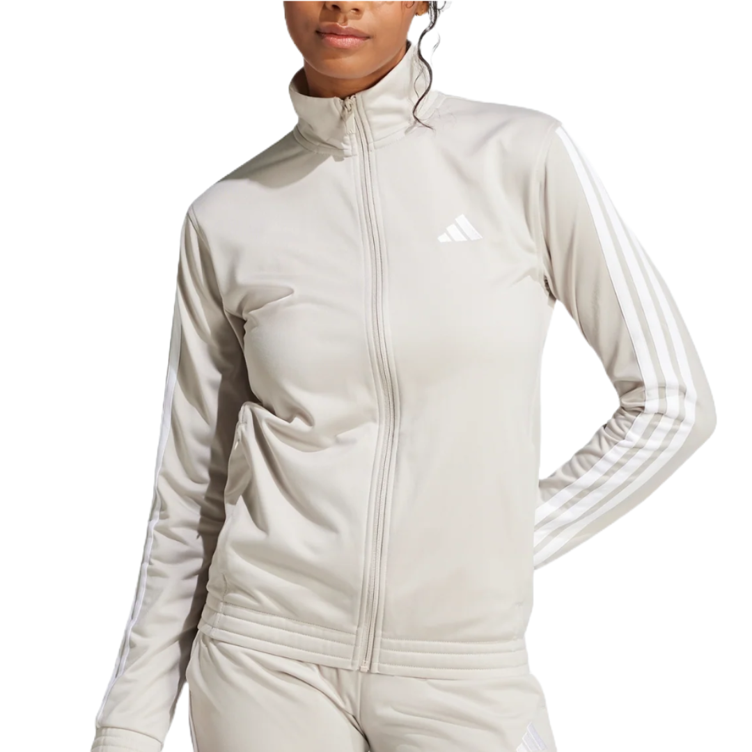 A light gray track jacket with zip closure and white stripes down the sleeves, featuring the Adidas logo on the chest.