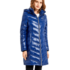 Blue quilted hooded coat with a shiny finish, featuring a front zipper and two side pockets, worn over black pants.