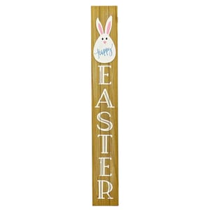 Vertical wooden porch sign featuring a white bunny with pink ears and the word \“Happy\“ written on its body. Below the bunny, \“EASTER\“ is spelled out in large white letters.