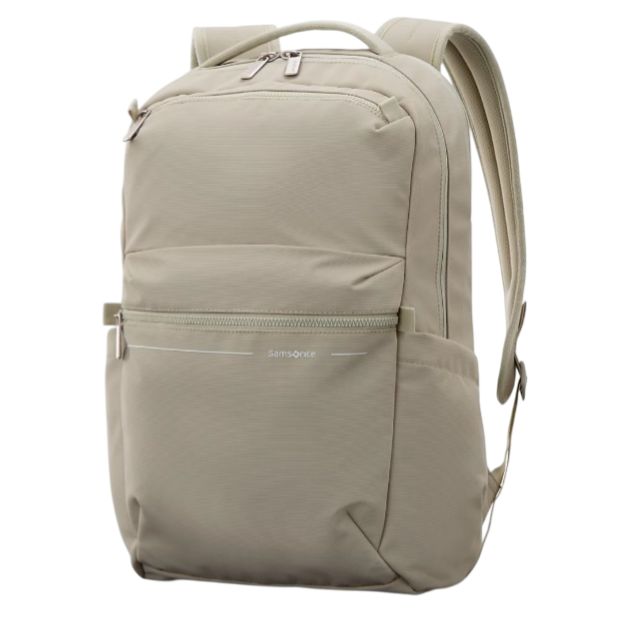 A beige backpack with multiple zippered compartments and adjustable straps, featuring a sleek, minimalist design. Perfect for carrying essentials.