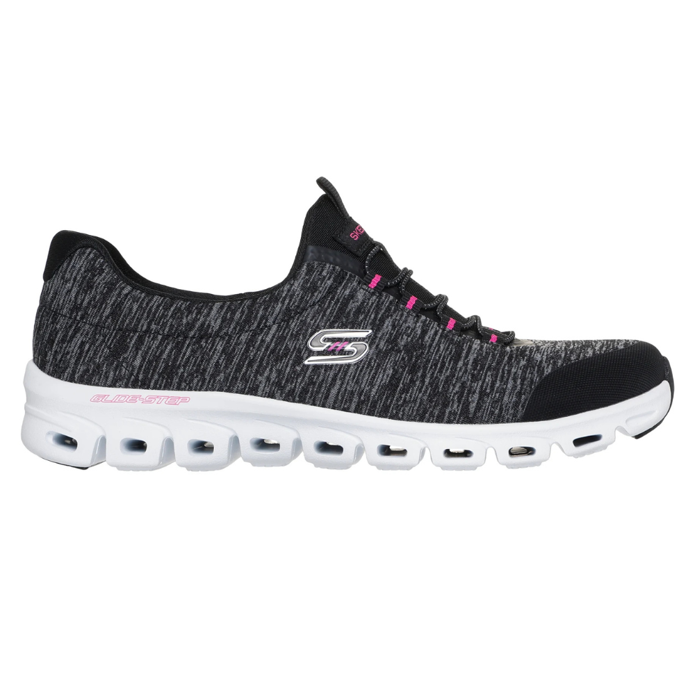 A black and gray Skechers athletic shoe with a white sole, Glide-Step design, and pink accents.