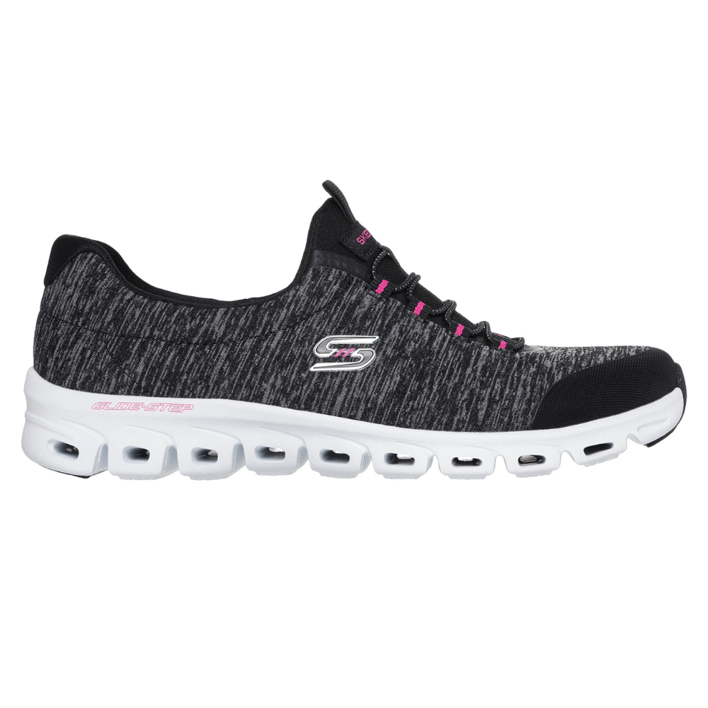 A black and gray Skechers athletic shoe with a white sole, Glide-Step design, and pink accents.