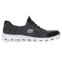 A black and gray Skechers athletic shoe with a white sole, Glide-Step design, and pink accents.