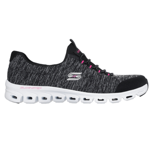 A black and gray Skechers athletic shoe with a white sole, Glide-Step design, and pink accents.