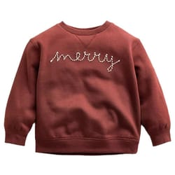 A red-brown sweatshirt featuring the word \“merry\“ in festive script across the chest.