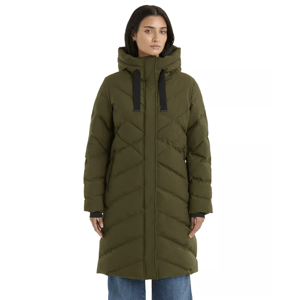 A woman is wearing an olive green, long puffer coat with a hood and black drawstrings, paired with blue jeans.