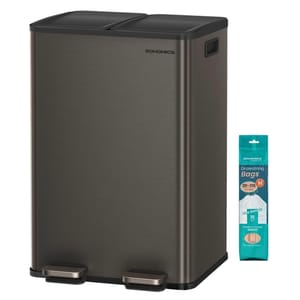 Dual-compartment trash can with pedal operation and a pack of 20-30L drawstring bags.