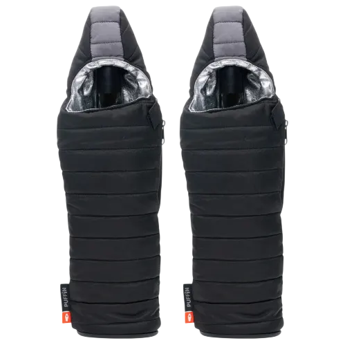 Two insulated bottle holders with a quilted design and a top flap, featuring a black exterior and silver interior lining.