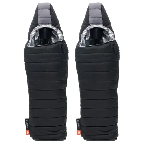 Two insulated bottle holders with a quilted design and a top flap, featuring a black exterior and silver interior lining.