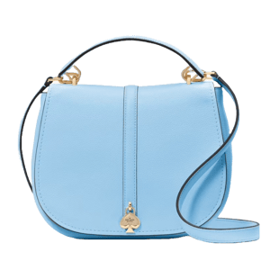 A light blue leather crossbody bag with a semicircular flap, gold-tone hardware, and an embossed spade-shaped charm detail.