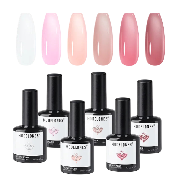 Set of six Modelones gel nail polish bottles in various shades ranging from white to pink, displayed with corresponding color samples.