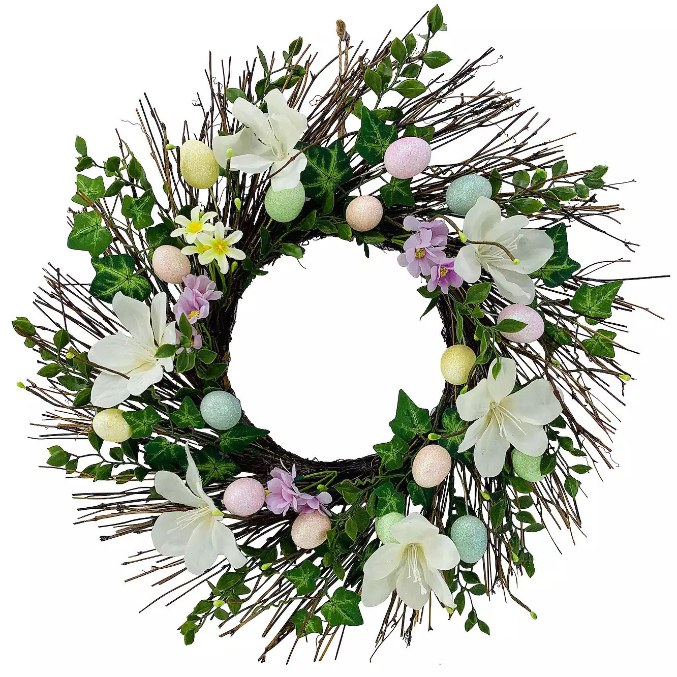 Spring wreath made of twigs, adorned with white flowers, green leaves, and pastel-colored decorative eggs.