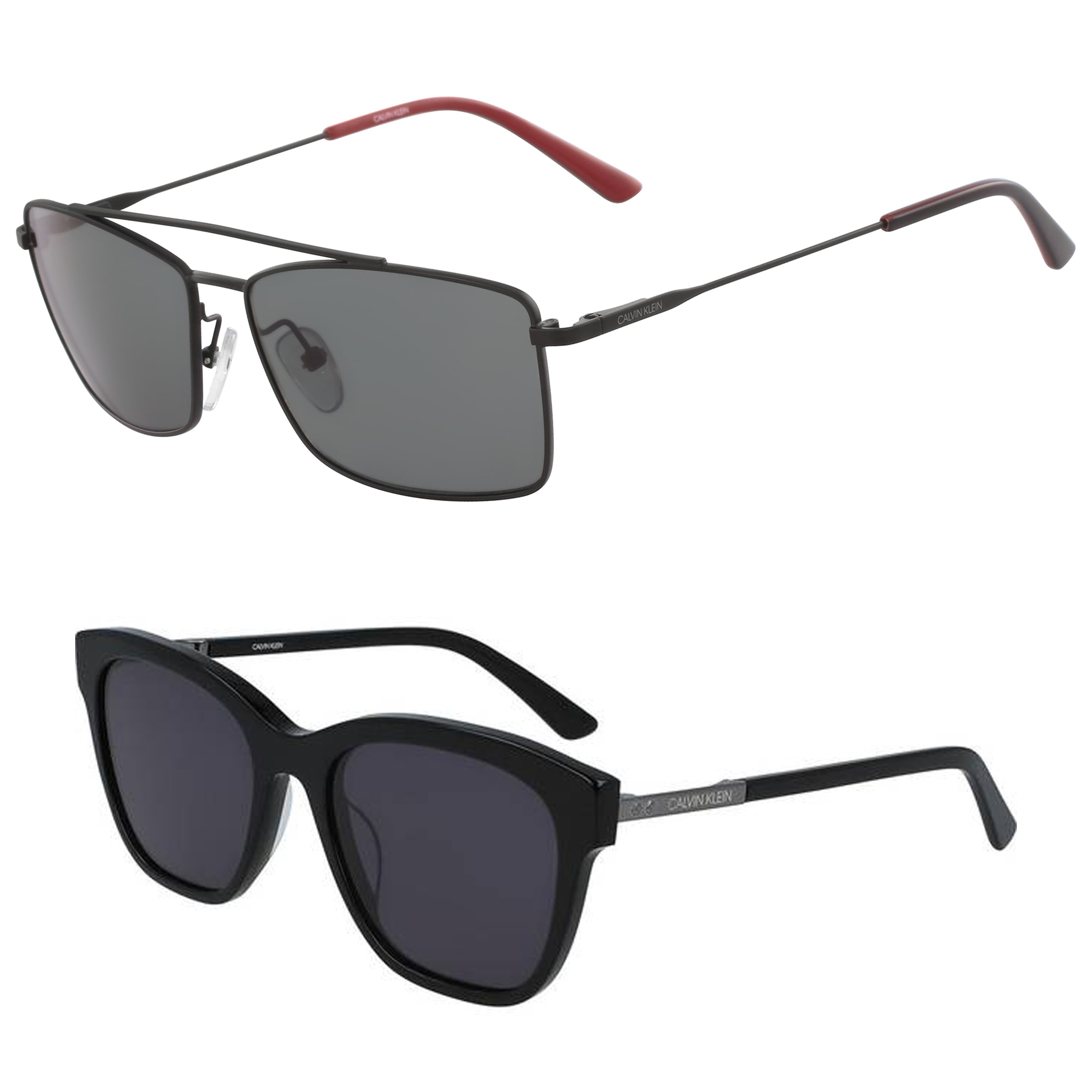 Two pairs of Calvin Klein sunglasses, one with a square frame and metal arms, the other with a thick black cat-eye frame.