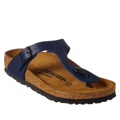 Navy blue Birkenstock sandal with a thong style, adjustable buckle, cork footbed, and black rubber sole.
