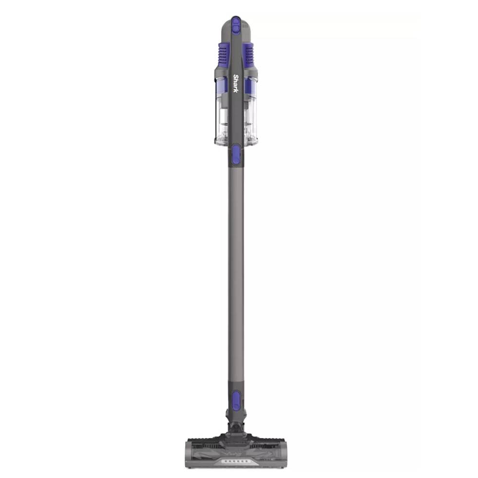 A cordless stick vacuum with a sleek design, featuring a slim handle and a transparent dustbin.