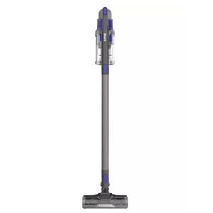 A cordless stick vacuum with a sleek design, featuring a slim handle and a transparent dustbin.