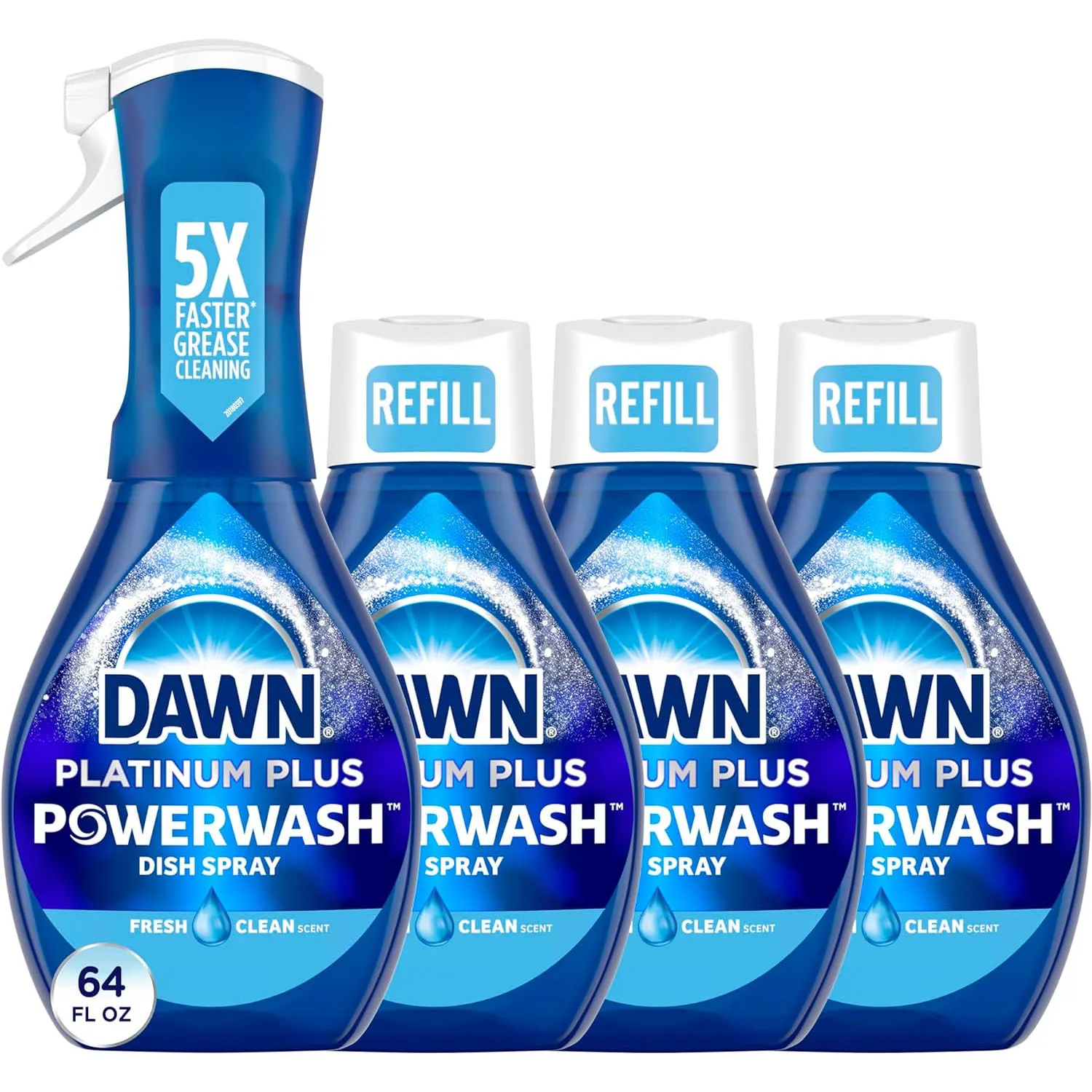 Dawn Platinum Plus Powerwash Bundle includes a dish spray bottle and three refill bottles. The spray bottle highlights \“5X Faster Grease Cleaning,\“ and each has a fresh clean scent. Total volume is 64 fl oz.