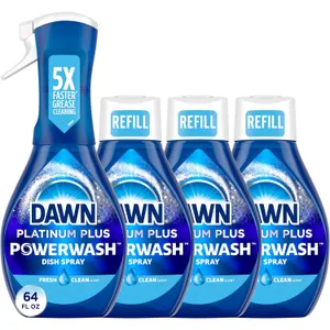 Dawn Platinum Plus Powerwash Bundle includes a dish spray bottle and three refill bottles. The spray bottle highlights \“5X Faster Grease Cleaning,\“ and each has a fresh clean scent. Total volume is 64 fl oz.