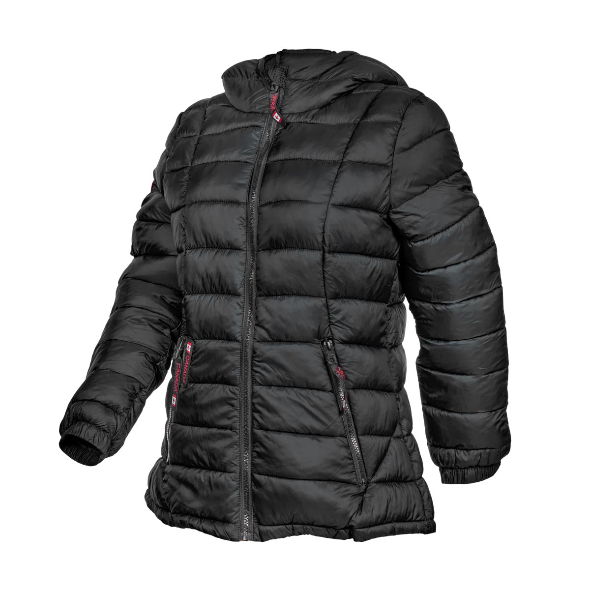 Black puffer jacket with red zipper detailing and a high collar, designed for cold weather insulation.