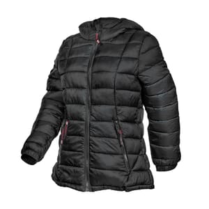 Black puffer jacket with red zipper detailing and a high collar, designed for cold weather insulation.