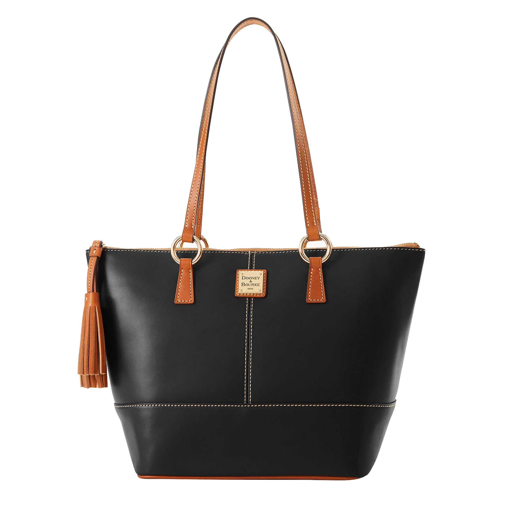 Dooney & Bourke Wexford Leather Tote in black features tan leather handles and trim, a zip closure, and a tassel accent. It has a structured shape with contrast stitching and the Dooney & Bourke logo on a metal plaque.
