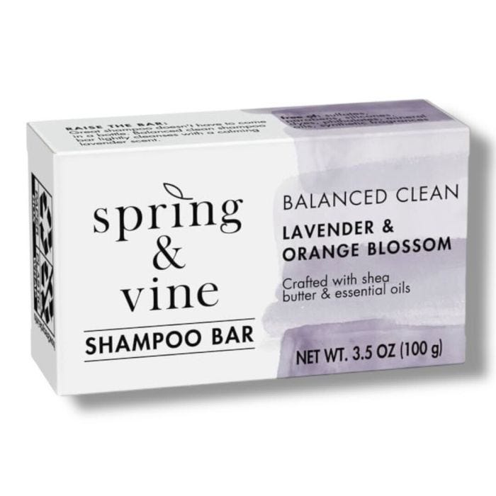 Spring & Vine Shampoo Bar, Balanced Clean, Lavender & Orange Blossom scent, 3.5 oz (100 g), crafted with shea butter and essential oils.