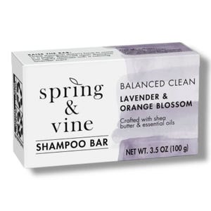 Spring & Vine Shampoo Bar, Balanced Clean, Lavender & Orange Blossom scent, 3.5 oz (100 g), crafted with shea butter and essential oils.