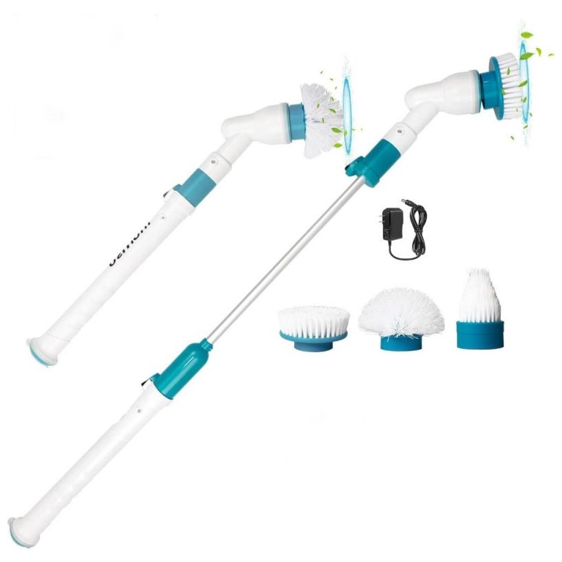 Electric Spin Scrubber with adjustable handle and three interchangeable brush heads for cleaning, includes a charging adapter.