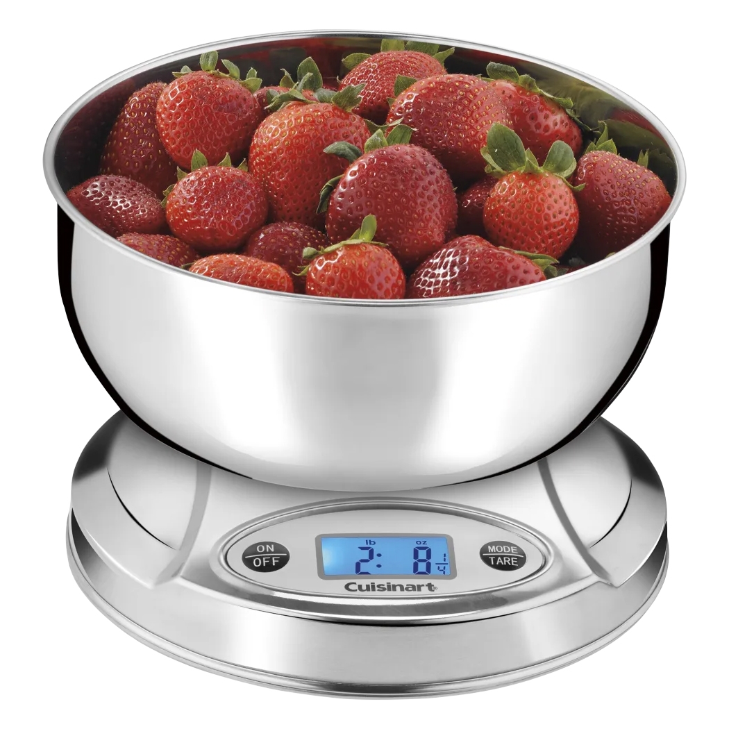 A digital kitchen scale with a stainless steel bowl filled with strawberries, weighing 2 pounds and 8 ounces.
