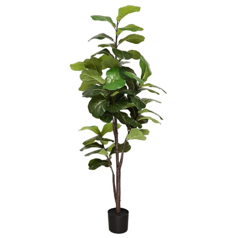 Artificial fiddle leaf fig tree in a black pot with large, lush green leaves.